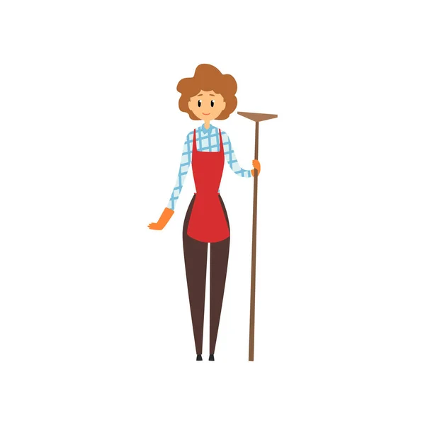 Linda joven sosteniendo trapeador de madera. Servicio de limpieza concepto. Personaje de mujer de dibujos animados en criada uniforn brouse, pantalones, delantal y guantes de goma. Diseño de vector plano — Vector de stock