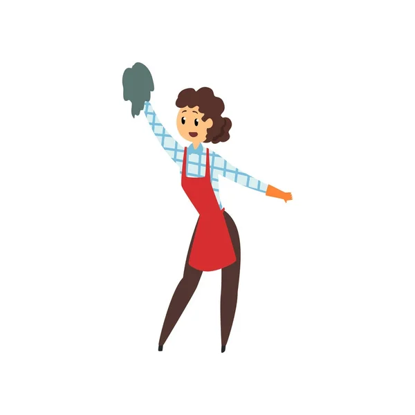 Vrouw schoonmaak huis met doek. Professionele reiniger in bruine broek, geruite blouse, dienstbode uniform rood schort en rubberen handschoenen. Huishoudelijk werker. Platte vector design — Stockvector
