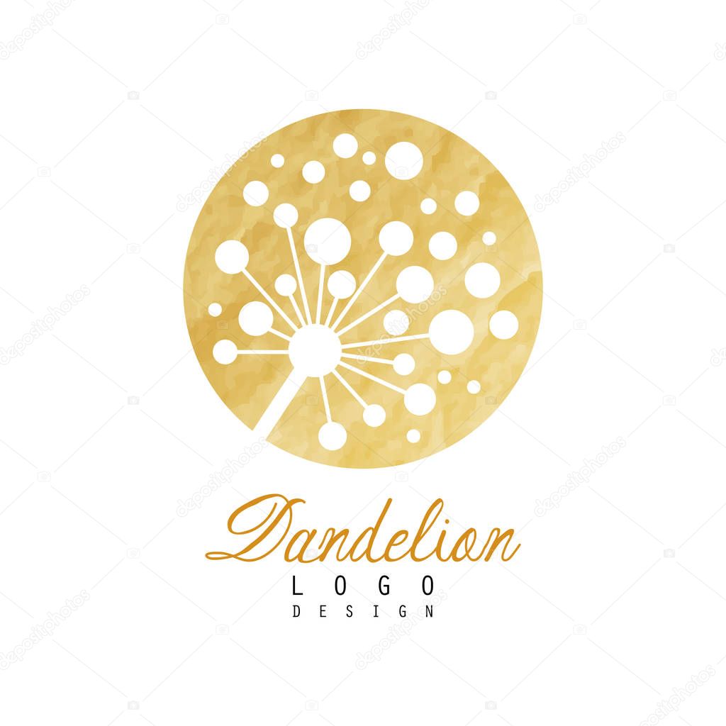 Abstract dandelion logo on rounded golden texture. Symbol of wild flower. Natural label. Medical herb. Vector illustration isolated on white. Design for promo flyer, banner or poster of beauty salon.