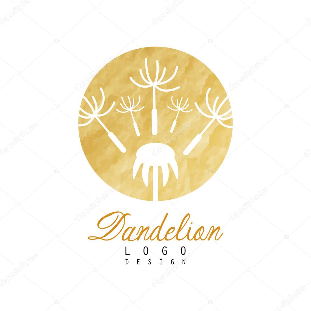 Luxury logo design of dandelion with flying fluffy seeds. Abstract natural label with golden detailed texture. Vector emblem for boutique or beauty salon