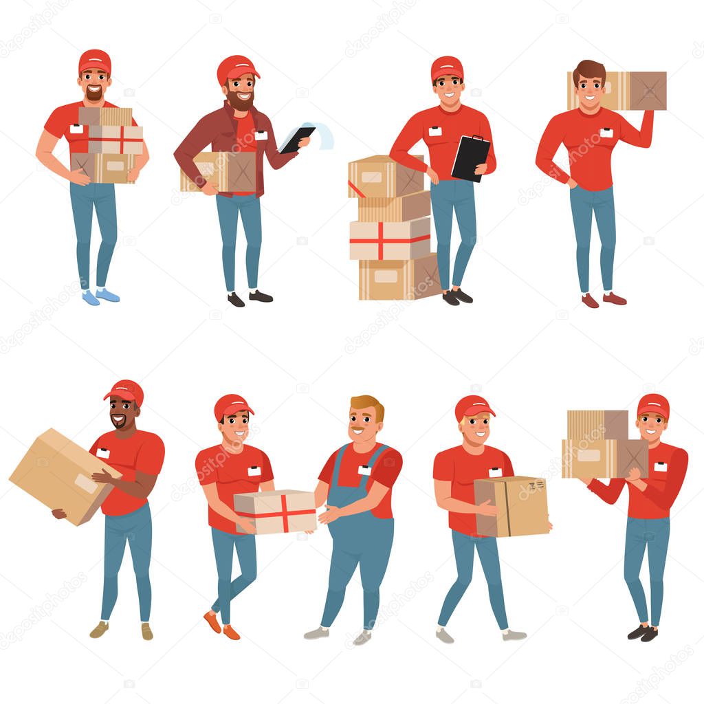 Set of postal workers in different poses. Courier or delivery service. Men characters with parcels packages boxes. Cheerful people in red uniform. Flat vector design