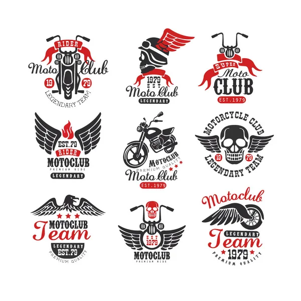 Set antik sepeda motor klub logo, emblem, label, lencana. Elemen monokrom dengan sepeda motor, tengkorak, elang dan roda dengan sayap. Vektor untuk t-shirt cetak atau poster - Stok Vektor