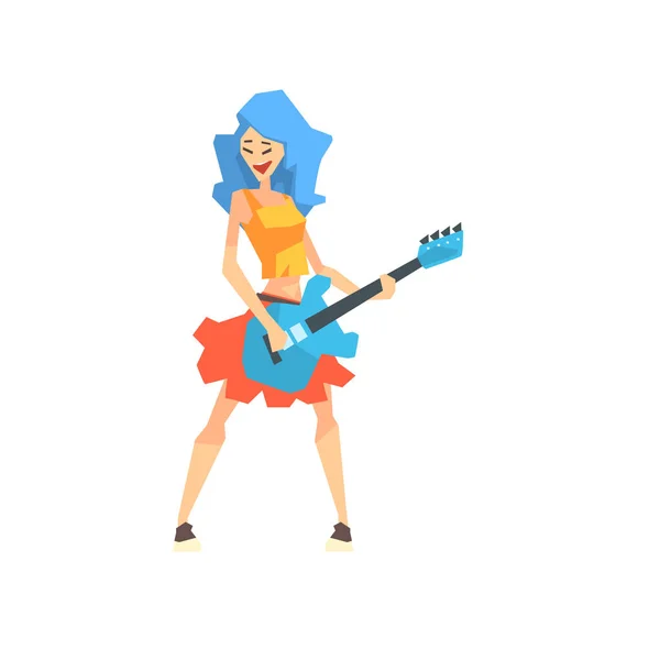 再生ギター漫画ベクトル図青い髪を持つ若い女性 — ストックベクタ