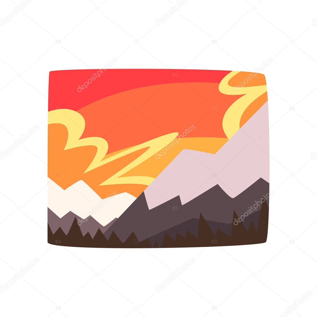 Snowy rocky mountains at sunset, beautiful landscape background, horizontal vector illustration
