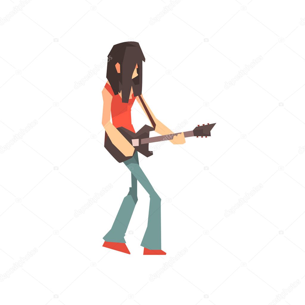 Male rock musician character playing guitar cartoon vector Illustration