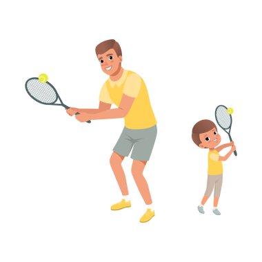 Neşeli baba ve oğlu tenis oynuyor. Baba ve çocuk şort ve tişört giymiş. Aktif spor. Babalık kavramı. Fiziksel aktivite. Düz vektör tasarımı
