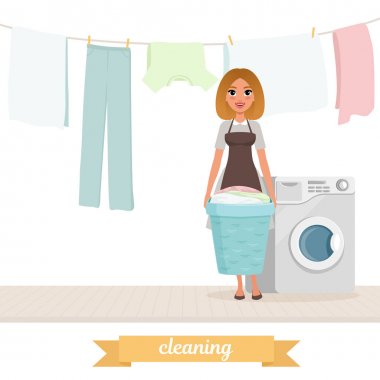 Smiling woman standing near washing machine with laundry basket. Washed clothes drying on rope. Housekeeper. Cartoon girl in dress and apron. Flat vector design clipart