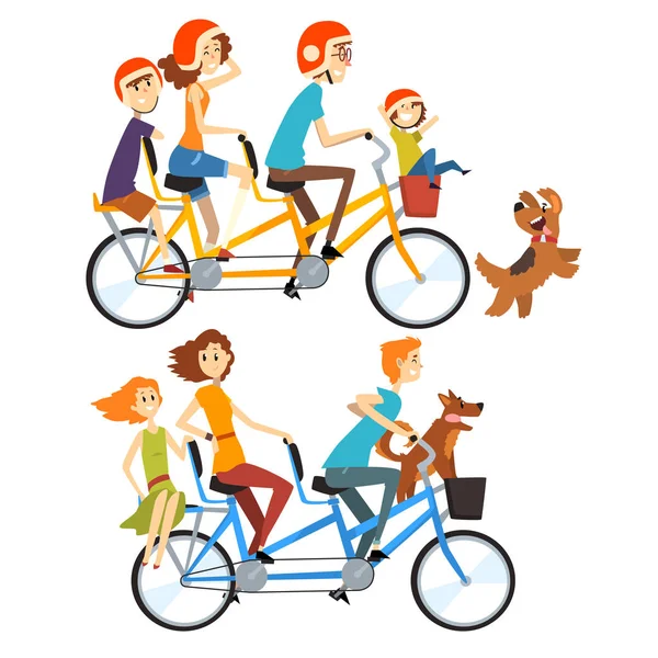 Dos familias felices montando bicicletas en tándem con tres asientos y canasta. Concepto de crianza. Recreación con niños. Personajes de personajes de dibujos animados. Diseño de vector plano — Vector de stock