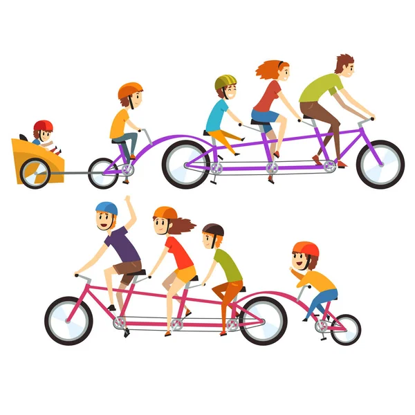 Ilustração de duas famílias felizes andando de bicicleta grande tandem. Recreação engraçada com crianças. Desenhos animados personagens pessoas com rostos sorridentes expressões. Projeto vetorial plano —  Vetores de Stock