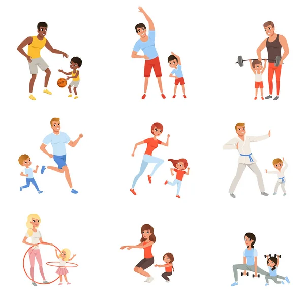 Ensemble avec les parents et leurs enfants faisant différents exercices sportifs. Du temps en famille. Activité physique et mode de vie sain concept. Conception vectorielle plate colorée — Image vectorielle