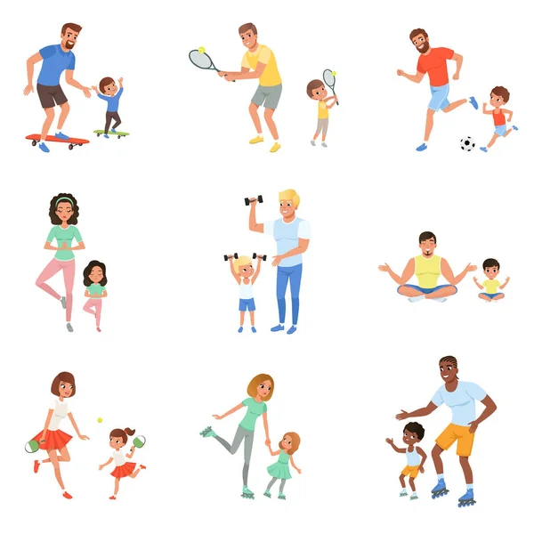 Niños con padres jugando fútbol, tenis, ping pong, montando patinetas y patines, haciendo ejercicio con pesas y meditando. Tiempo en familia. Diseño de vector plano — Vector de stock