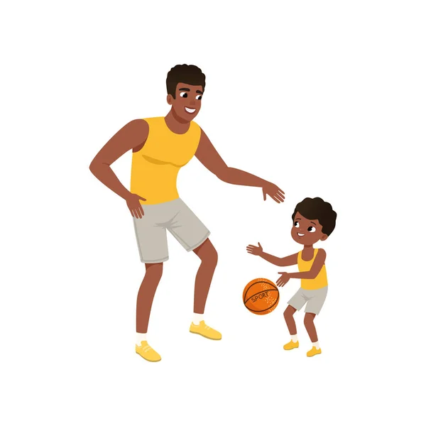 Afro-amerykański ojca i jego synek, grając w koszykówkę. Pojęcie ojcostwa. Szczęśliwa rodzina. Aktywny tryb życia. Kreskówka mężczyzna i chłopiec w płaski. Kolorowe wektor wzór — Wektor stockowy
