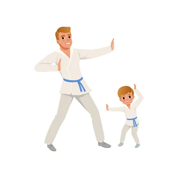 Sorrindo pai e filho treinando golpes de karatê. O pai e a criança usam quimonos e cintos azuis. Arte marcial. Conceito de paternidade. Desenhos animados design vetorial plano — Vetor de Stock