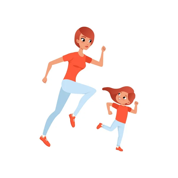 Moeder en haar dochtertje op ochtend joggen. Lichaamsbeweging en gezonde levensstijl concept. Moeder en kind in de sport broek en t-shirt. Platte vector design — Stockvector