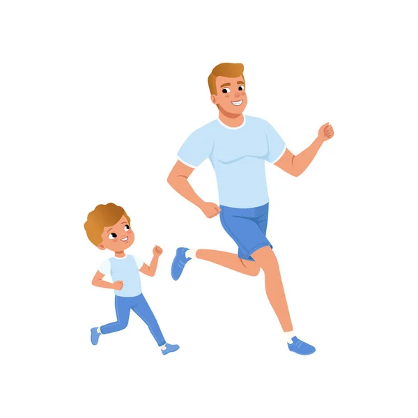 Caricature père et fils courant ensemble. Bonjour, jogging. Famille sportive. Concept de paternité. Activité physique et mode de vie sain. Conception vectorielle plate — Image vectorielle