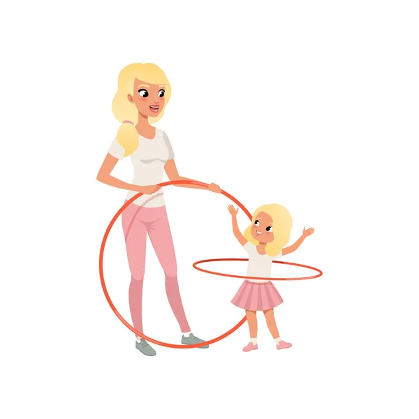 Sportieve moeder en haar schattige dochter met hula-hoop. Cartoon moeder en kind met plezier samen. Moederschap concept. Actieve levensstijl. Kleurrijke platte vector design — Stockvector
