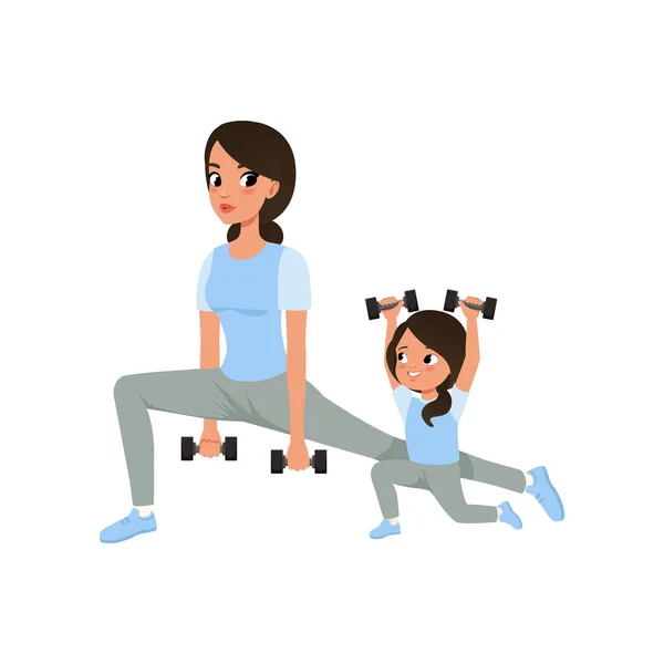Madre e hija haciendo ejercicios matutinos con pesas. Deporte familiar. Concepto de maternidad. Actividad física y estilo de vida saludable. Dibujos animados plano vector de diseño — Vector de stock