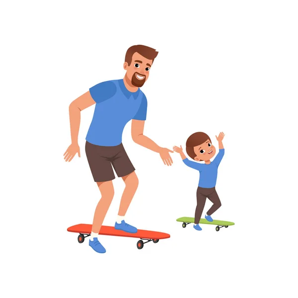 O pai barbudo e o seu filho a andar de skate. Conceito de paternidade. O pai e a criança a divertirem-se juntos. Actividade ao ar livre. Família feliz. Projeto vetorial plano — Vetor de Stock