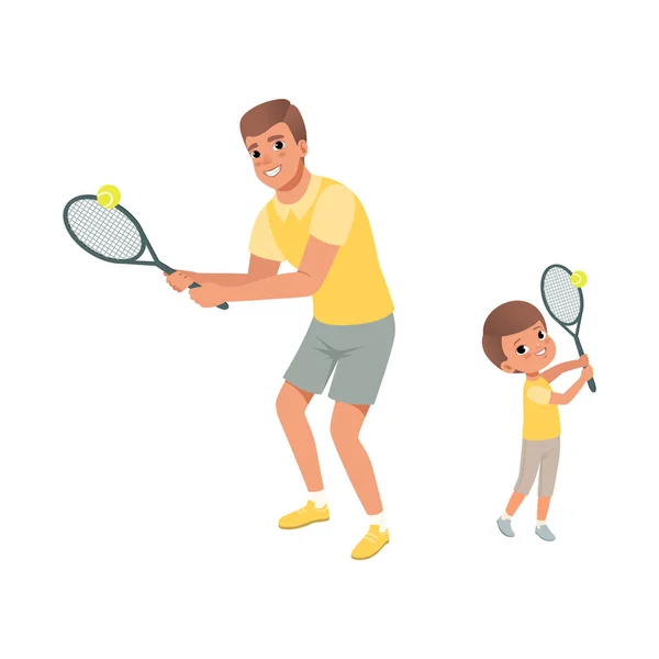 Glad pappa och hans son som spelar tennis. Far och barn klädda i shorts och t-shirts. Aktiv sport. Faderskap koncept. Fysisk aktivitet. Flat vektor design — Stock vektor