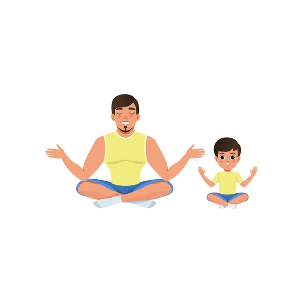 Menino e seu pai sentado no chão meditando em postura de lótus ioga com as pernas cruzadas. Estilo de vida saudável. Família feliz. Conceito de paternidade. Desenhos animados design vetorial plano — Vetor de Stock