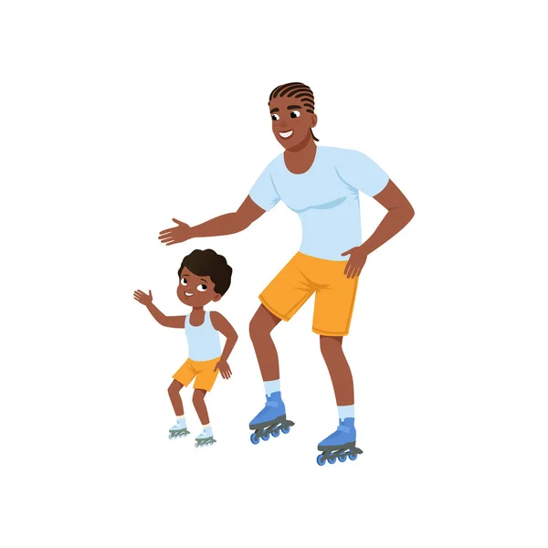 Young afro-american father with son rollerskating. Happy sporty family. Dad and his child having fun together. Outdoor activity. Fatherhood. Flat vector design — Stock Vector