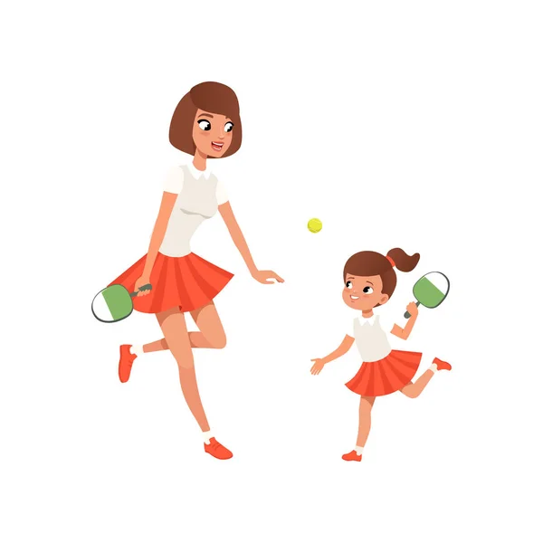 Vrolijke moeder en haar dochter pingpong spelen. Outdoor activiteit. Meisje en haar moeder in sportkleding. Sportieve familie. Moederschap concept. Platte vector design — Stockvector