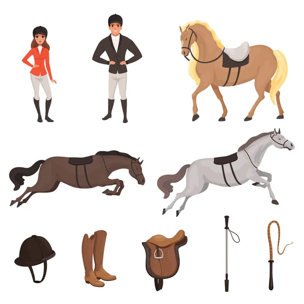 Cartoon jockey icons set with professional equipment for horse riding. Woman and man in special uniform with helmet. Equestrian sport concept. Flat vector design — Stock Vector