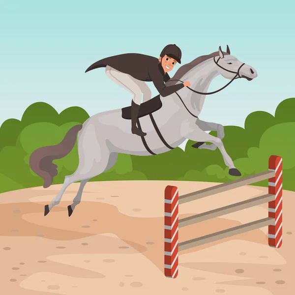 Smiling man jockey on gray horse jumping over hurdle. Male character in equestrian helmet, dark-colored coat and white pants. Nature landscape. Flat vector design — Stock Vector