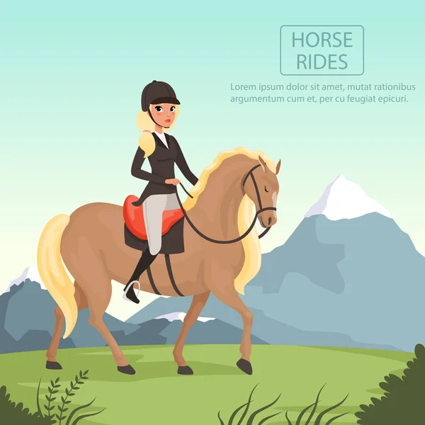 Joven jinete montando caballo marrón con cresta amarilla. Mujer de uniforme con casco protector. Hermoso paisaje natural con montañas. Diseño de vector plano — Vector de stock