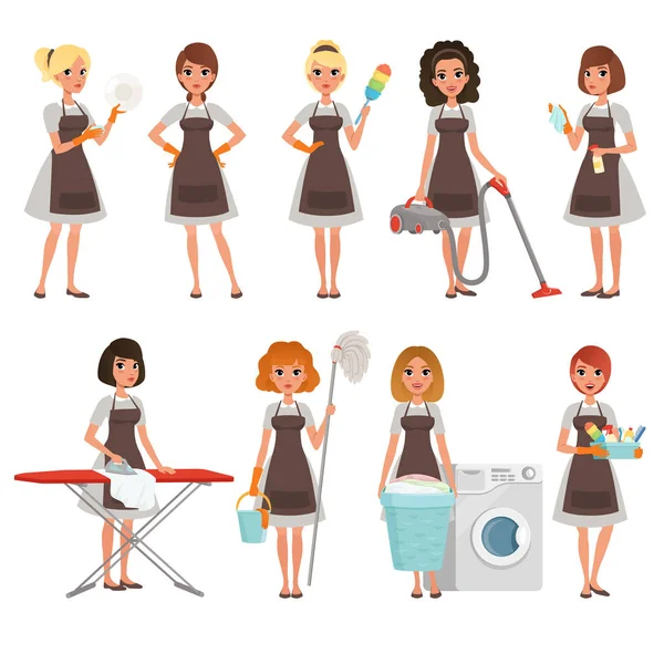 Set ibu rumah tangga dengan peralatan yang berbeda. Pembantu. Layanan pembersih. Wanita cantik memakai gaun abu-abu dan celemek coklat. Kartun gadis muda. Desain vektor datar - Stok Vektor