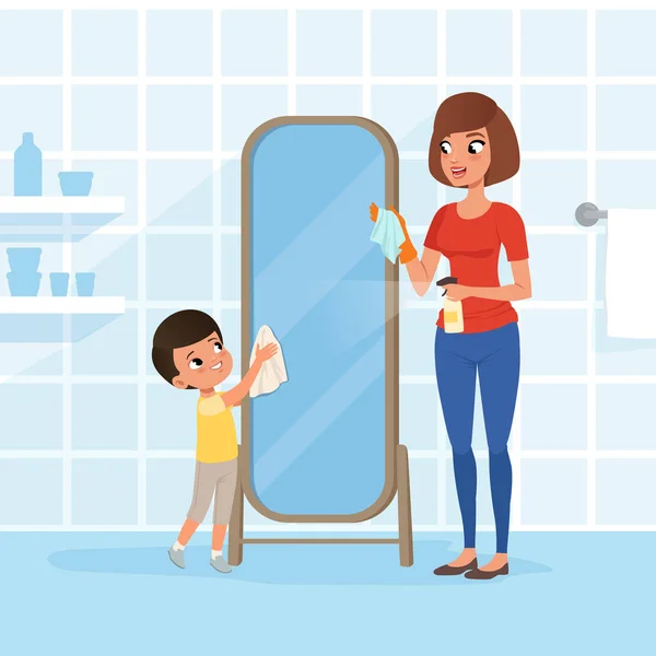 Küçük çocuk annesi ev işleri, yardım gülümseyerek. Şişe, oğlu banyo aynası bez ile temizlik deterjan püskürtme anne. Kadın ve çocuk. Düz vektör tasarımı — Stok Vektör
