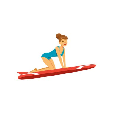 Güzel kız kırmızı surfboard su aşırı spor, sörf, ile Mavi mayo yaz tatil vektör çizim