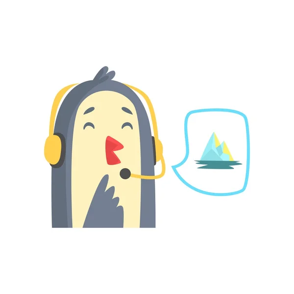 Animados alegre pinguim suporte telefonista no fone de ouvido vetor Ilustração — Vetor de Stock