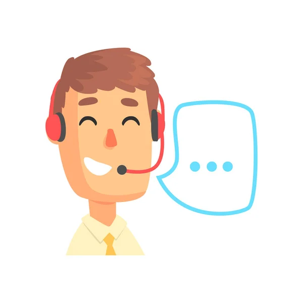 Mannelijke call center agent en toespraak bubble, online support assistant customer service met koptelefoon, cartoon vector illustratie — Stockvector