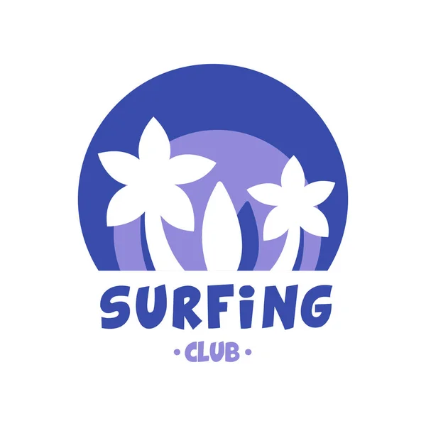 サーフィン クラブのロゴ、青の色夏ウォーター スポーツ、ビーチの残りのサーフスクールでサーフィン レトロなバッジ ベクトル イラスト — ストックベクタ