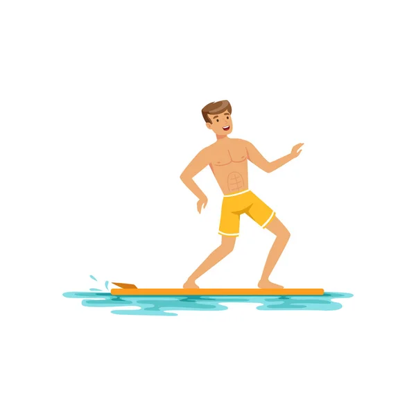 Glimlachende man surfen op de Oceaan, water extreme sport, zomer vakantie vector illustratie — Stockvector