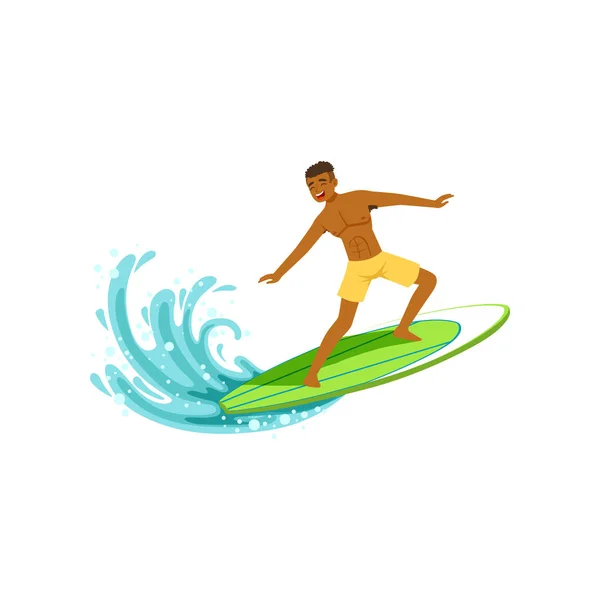 Sonriente hombre afroamericano con tabla de surf de pie y montar en la ola del océano, el deporte extremo del agua, vector de vacaciones de verano Ilustración — Vector de stock