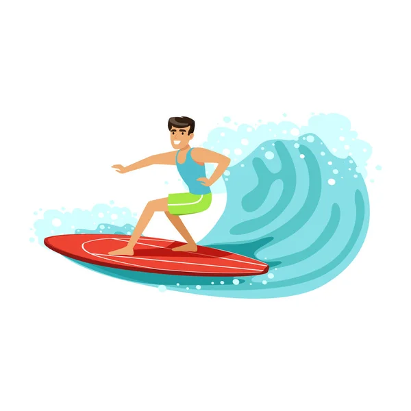 快乐男性冲浪者骑大浪, 水极限运动, 暑假矢量插画 — 图库矢量图片