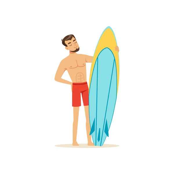 Hombre alegre parado en la playa con tabla de surf, deporte extremo del agua, vector de vacaciones de verano Ilustración — Vector de stock