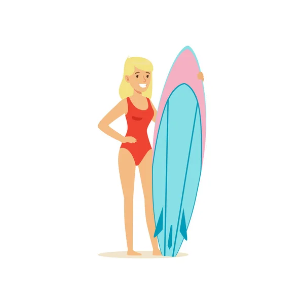 Красива блондинка в червоному купальнику, що стоїть на пляжі з дошкою для серфінгу, водні екстремальні види спорту, літні канікули Векторні ілюстрації — стоковий вектор