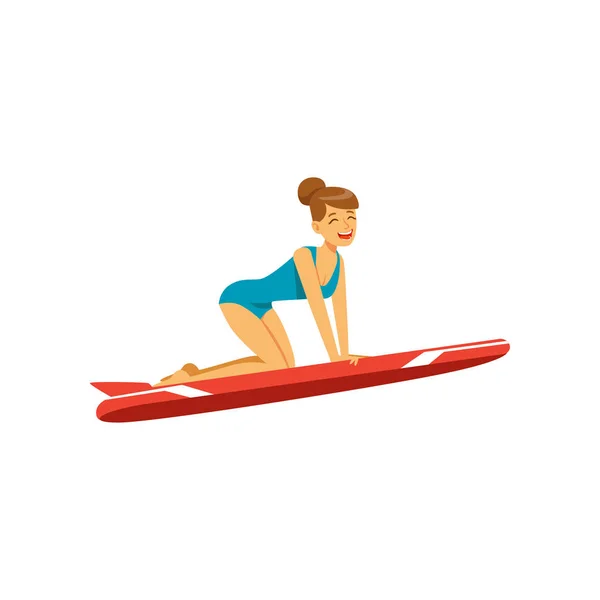 Gyönyörű lány piros szörf, szörfözés, vízi extrém sport, kék fürdőruha nyári vakáció vektoros illusztráció — Stock Vector