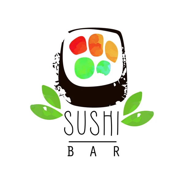 Plantilla de logotipo de barra de sushi, emblema de comida japonesa acuarela vector ilustración — Archivo Imágenes Vectoriales