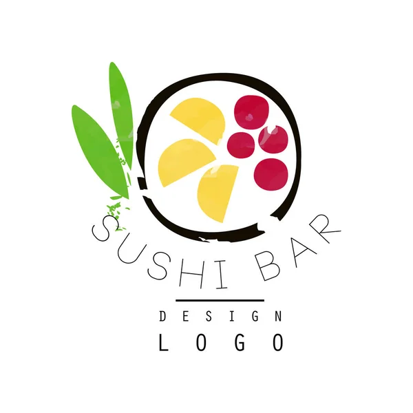 Diseño de logotipo de barra de sushi, etiqueta de comida japonesa, insignia para bar de sushi o restaurante de mariscos vector acuarela Ilustración — Archivo Imágenes Vectoriales