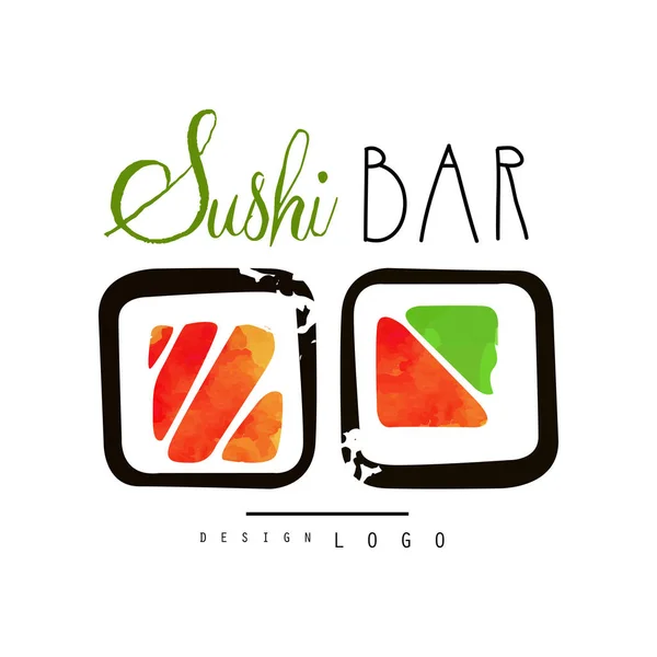 寿司吧标志, 日本食品标签, 寿司店的徽章或海鲜餐厅水彩矢量插图 — 图库矢量图片