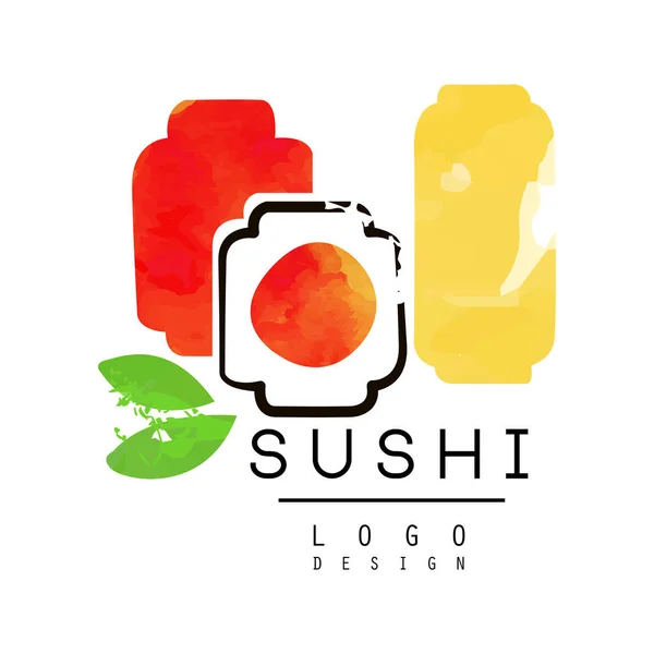 Diseño de logotipo de sushi, etiqueta de comida japonesa, insignia para bar de sushi o restaurante de mariscos vector acuarela Ilustración — Archivo Imágenes Vectoriales
