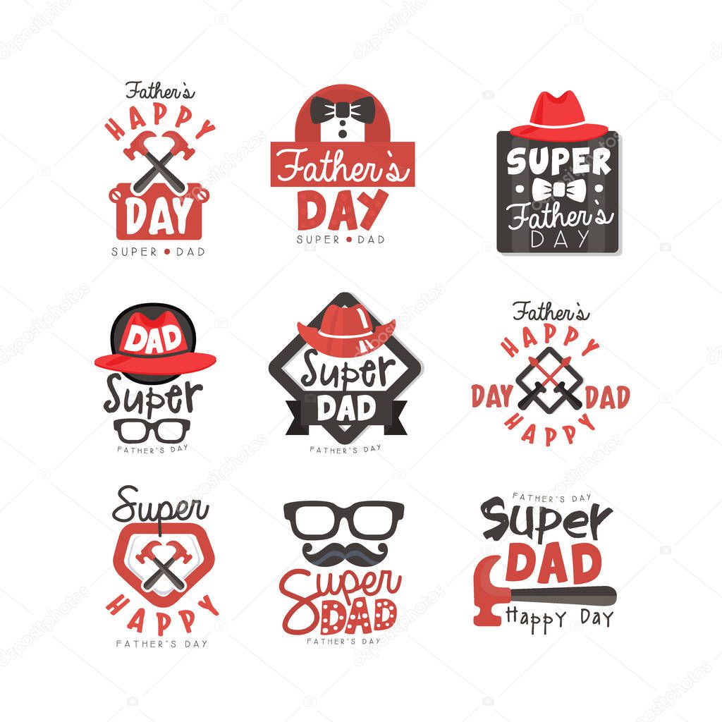 Happy Fathers Day logo set, Super Dad vector illustrations isolated on a white background