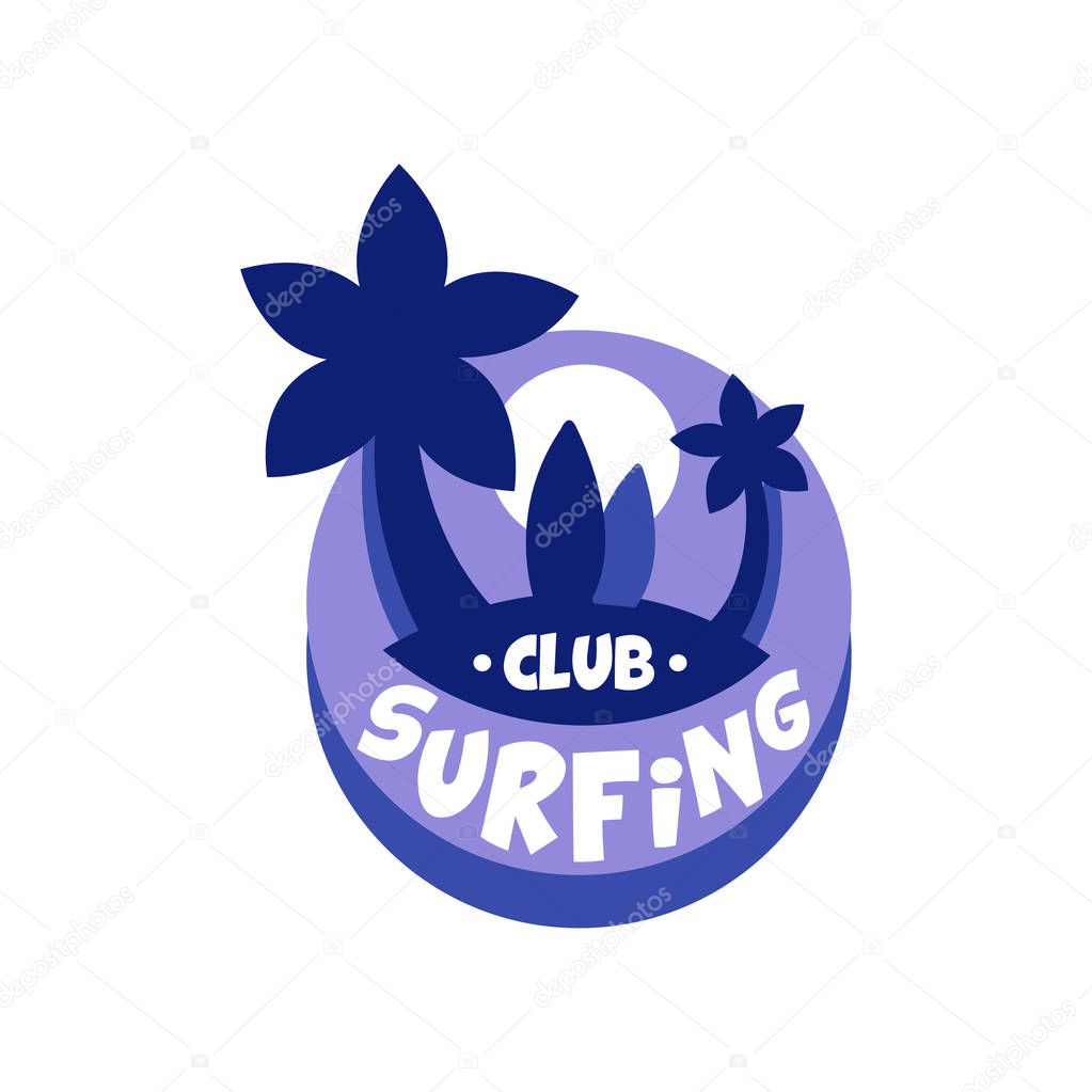 Surfing club logo, surf retro badge with palms in blue color vector Illustration