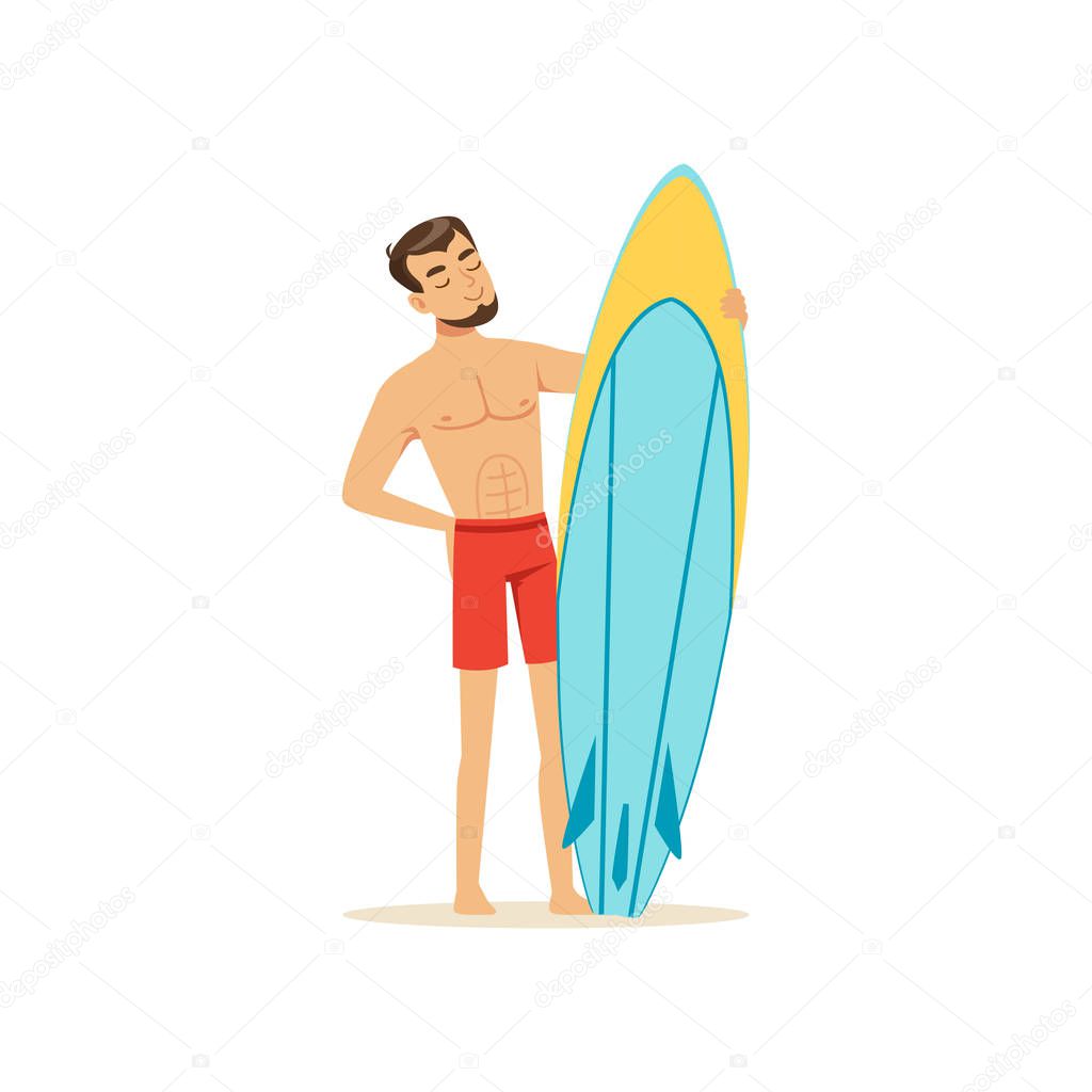 Cheerful man standing on the beach with surfboard, water extreme sport, summer vacation vector Illustration