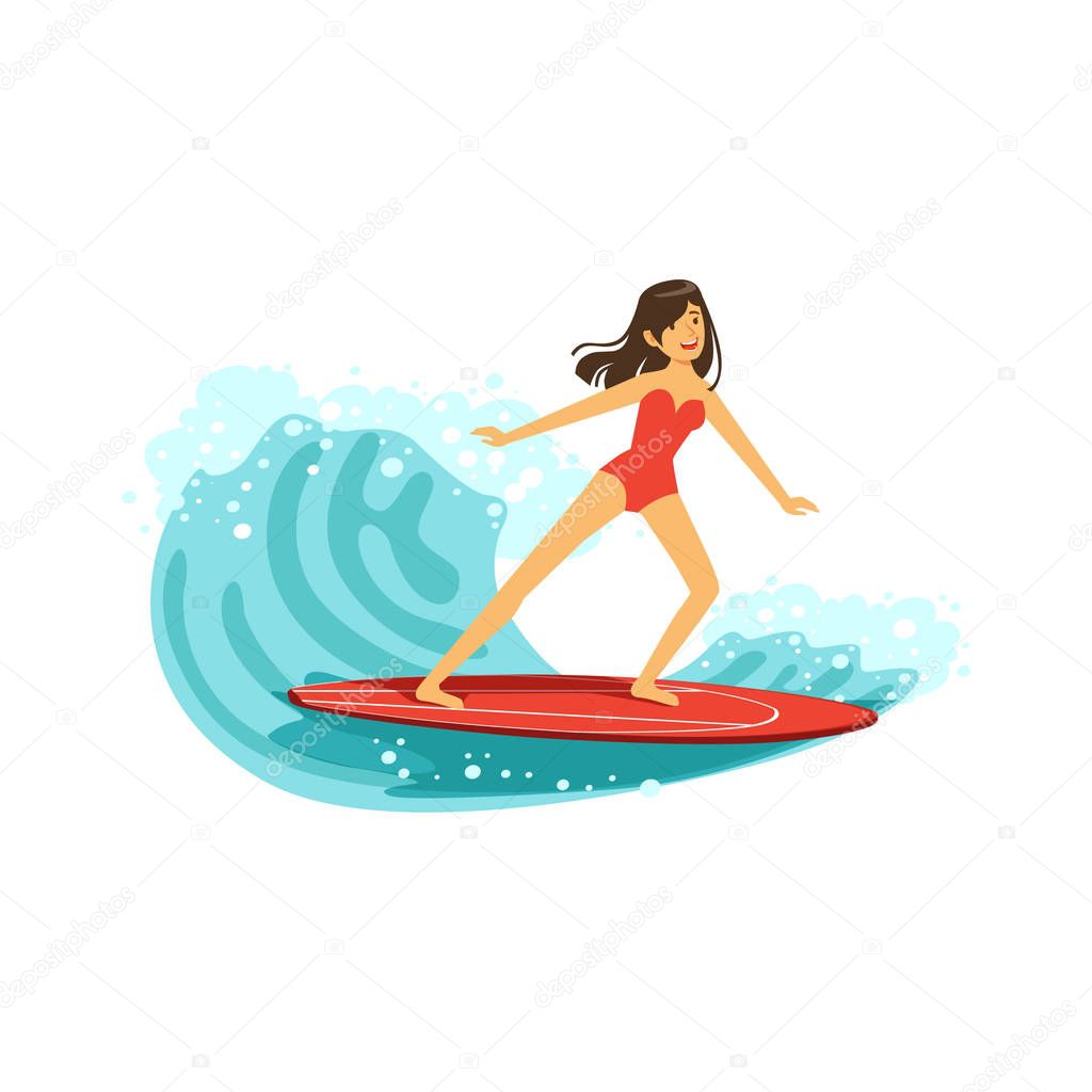 Beautiful brunette girl in red swimsuit surfing on the ocean wave, water extreme sport, summer vacation vector Illustration