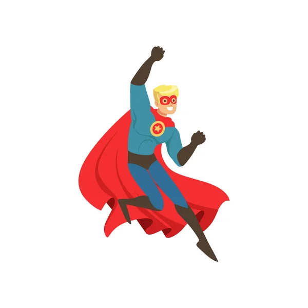 Superhéros homme personnage habillé en costume bleu avec cape rouge saut vecteur de dessin animé Illustration — Image vectorielle